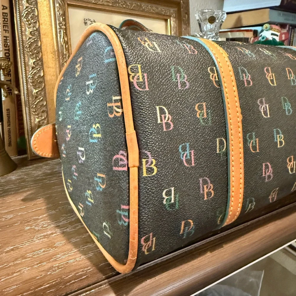 Dooney & Bourke Black Multicolor Logo Barrel Satchel with Tan Trim